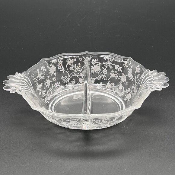Fostoria Other - Vintage Fostoria Baroque Navarre Etched Glass Divided Serving Dish Floral Design